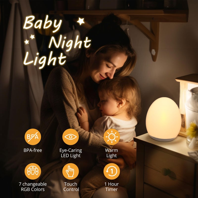 JolyWell Night Light for Kids, Baby Egg Light with 7 Colors Changing Mode & Stepless Dimming, Nursery Night Lamp BPA Free,Rechargeable Egg Night Light for Breastfeeding 1h Timer & Touch Control - Image 2